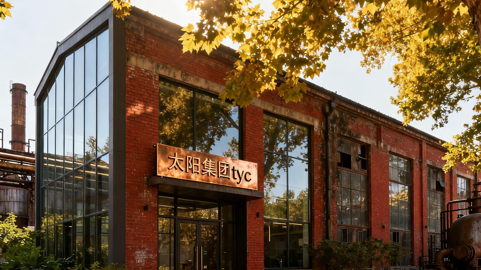 北京798艺术区内一栋由旧工业厂房改造的现代建筑，红砖外墙配以大面积落地玻璃，入口处悬挂着太阳集团tyc的铜质铭牌，周围绿植葱郁，阳光透过梧桐树叶洒落。
