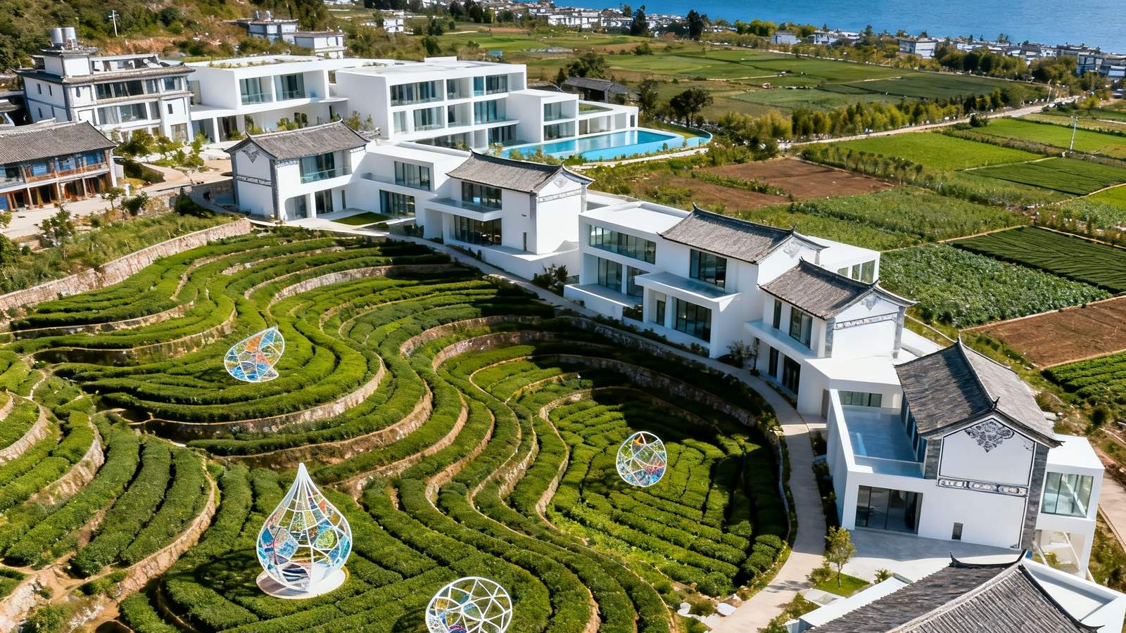 从空中俯瞰云南大理苍山脚下的文化度假综合体，白族传统建筑风格与现代设计语言融合，梯田式布局中点缀着艺术装置和有机茶园，远处洱海碧波荡漾。
