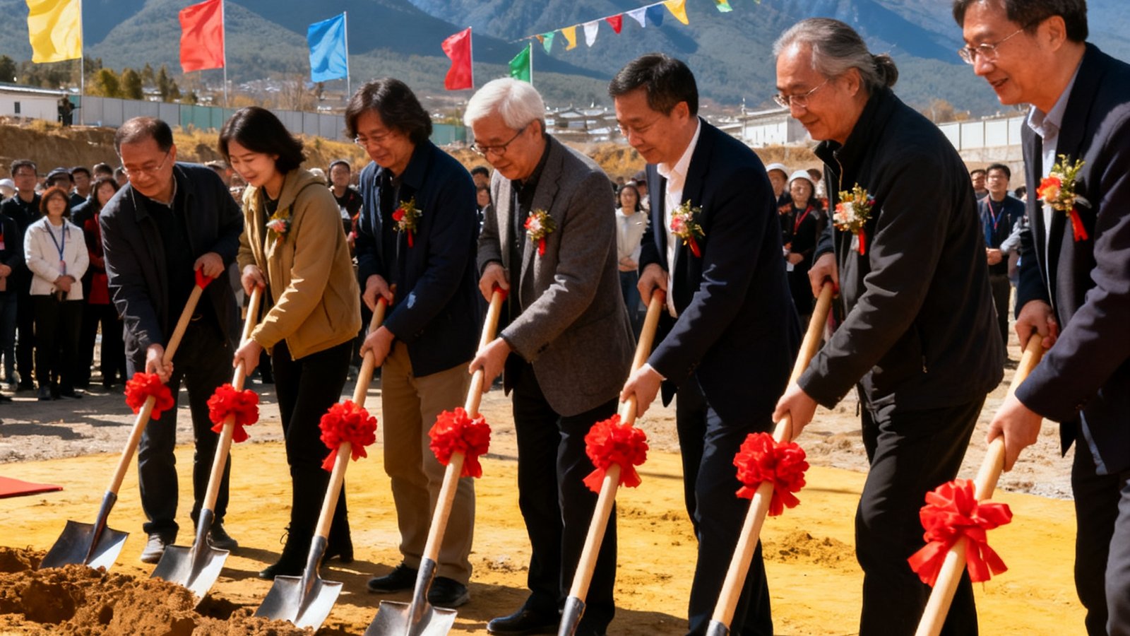 阳光明媚的工地上，嘉宾们手持铁锹参加大理苍山艺术公社二期的开工仪式，背后是苍山如黛的山影和飘扬的彩旗，现场气氛热烈。